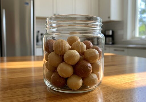 Close-Up of a Glass Jar Filled with Various Colorful Decorative Balls on a Wooden Table in Bright Kitchen Setting