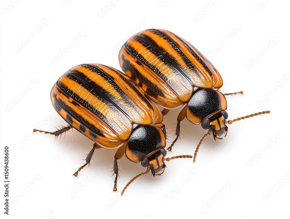 Poster close-up view of two vibrant striped beetles against white background showcasing intricate patterns 