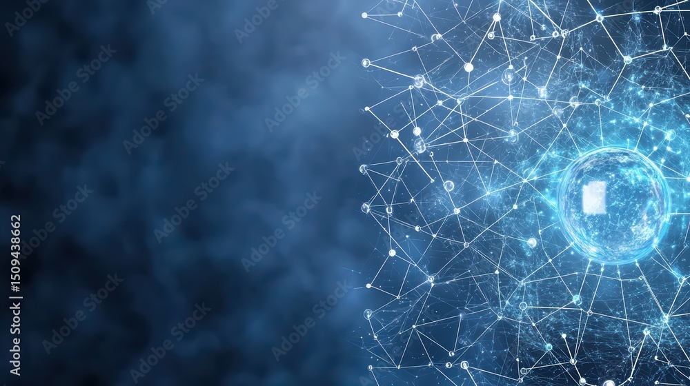 Poster abstract digital network visualization with connecting nodes and central sphere on dark background