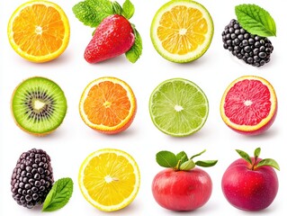 Vibrant Collection of Fresh Sliced Fruits Including Citrus, Berries, and Kiwi with Mint Leaves on White Background