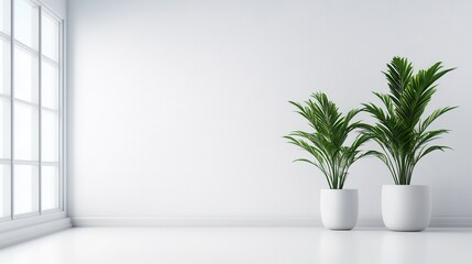 Fototapeta premium Lush Green Indoor Plants in Minimalist White Room With Natural Light