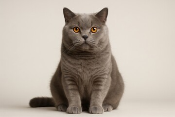 A majestic gray cat sits elegantly against a neutral backdrop, showcasing its unique features and captivating gaze&mdash;ideal for pet-related projects and marketing.