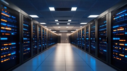 Modern Data Center with Server Racks and Blue LED Lighting