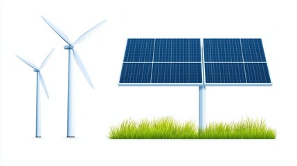 Modern Renewable Energy Sources Featuring Wind Turbines and Solar Panel on White Background