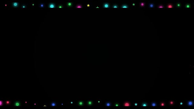 Festival Multi-Color Neon Border with Fireworks, Glowing Multicolored Light Dots, Colorful Sparkling Neon Lights on Dark Background