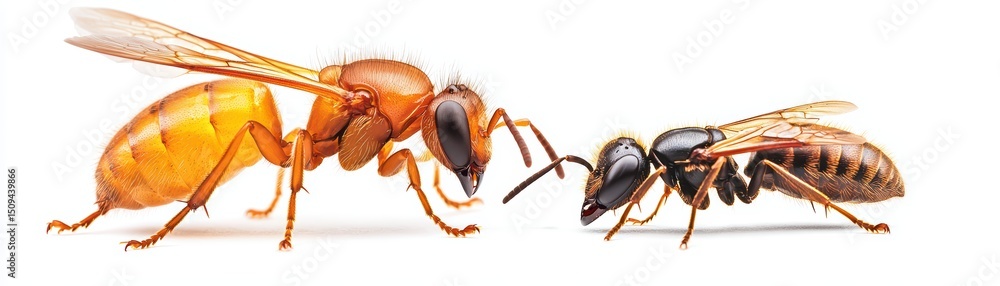 Poster close-up view of two different ant species highlighting unique features and colors against a white b