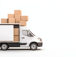 Delivery van with cardboard boxes stacked on top on a white background for logistics and transportation concepts