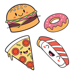 Fast food icon set with burgers pizza sandwiches and hotdogs in cartoon style