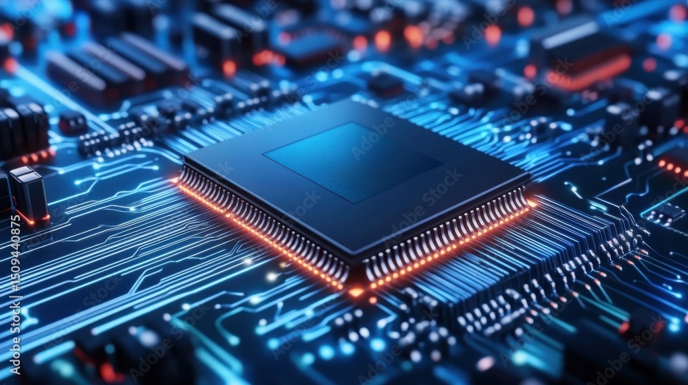 Poster close-up of a glowing microchip on a circuit board with digital connections