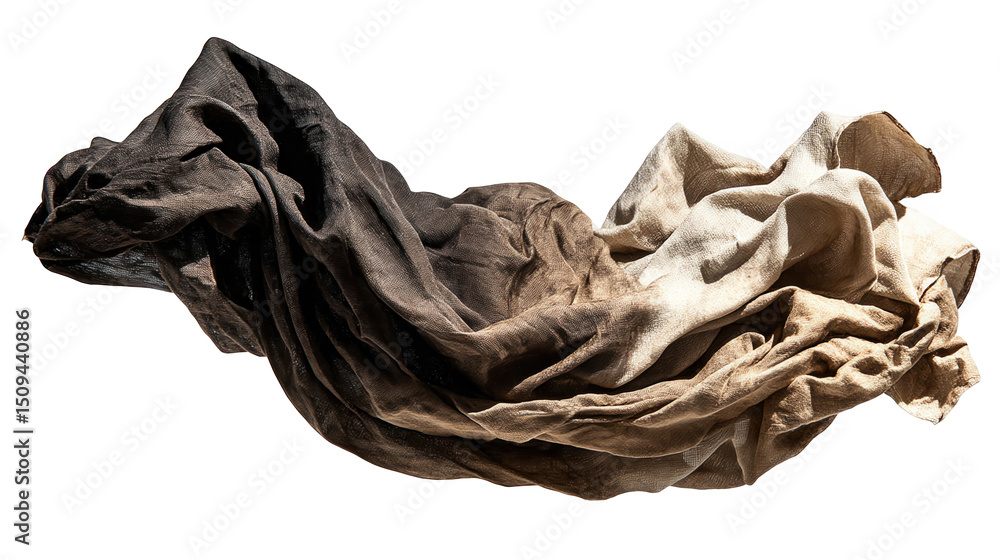 Poster crumpled piece of fabric flowing with a gradient from black to beige, isolated on a transparent back
