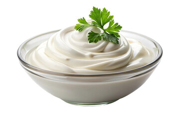 Delicious creamy mayonnaise in glass bowl with parsley isolated on transparent background