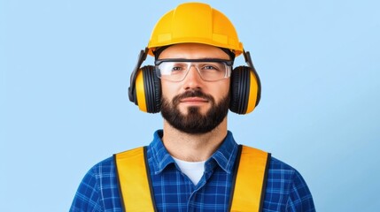 Male Construction Worker in Yellow Hard Hat with Hearing Protection on Blue Background