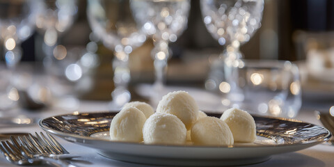 Elegant white dessert scoops on fine china plate with crystal glassware in luxury dining setting
