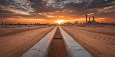Symmetrical twin oil pipelines leading into industrial cityscape at glowing sunset in desert setting
