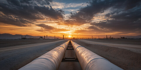 Industrial oil pipeline stretching through desert landscape at colorful sunset with distant refinery
