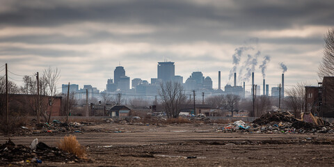 Abandoned urban foreground with a distant polluted city skyline under cloudy skies and smoking factories
