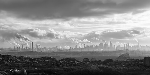Black and white panoramic image of a dystopian industrial city with thick clouds of smoke and pollution
