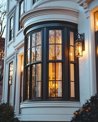 Ornate building bay window with evening light glow