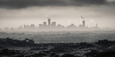 Black and white photo of industrial city skyline with thick smog and smoke rising from factory chimneys
