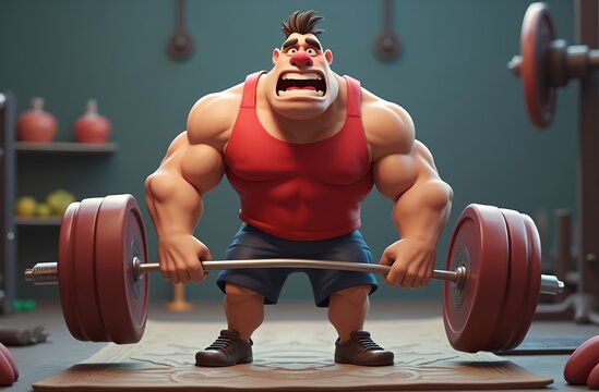 A 3D cartoon muscular weightlifter straining with an oversized barbell, face red and cheeks puffed, standing on a gym mat