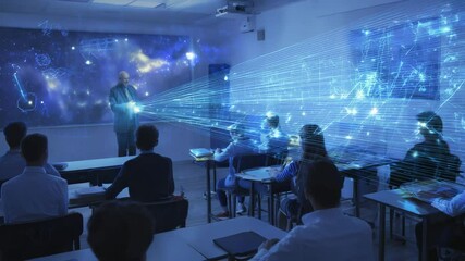 Students Learning About Space Through Holographic Projections in a Futuristic Classroom with Celestial Visuals and Light Data Streams - Powered by Adobe