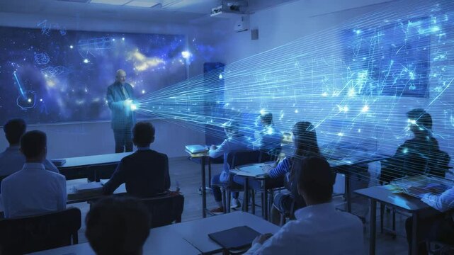 Students Learning About Space Through Holographic Projections in a Futuristic Classroom with Celestial Visuals and Light Data Streams