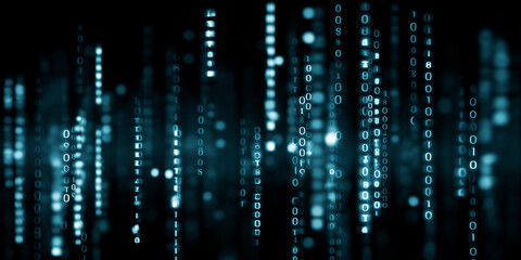 Stylized binary code glowing in vertical streams creating depth and futuristic visual effect
