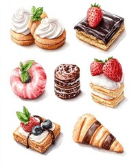 Watercolor clipart set of cookies, tarts, and pastries with fruit toppings. Cute delicious design