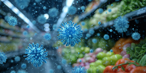 Spreading virus cells hovering in supermarket aisle, illustrating contamination over fresh produce
