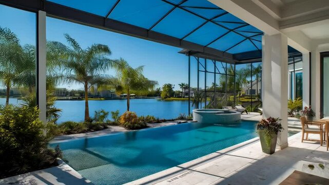 Swimming pool and patio overlooking a lake with blue skies and palms in a modern tropical home