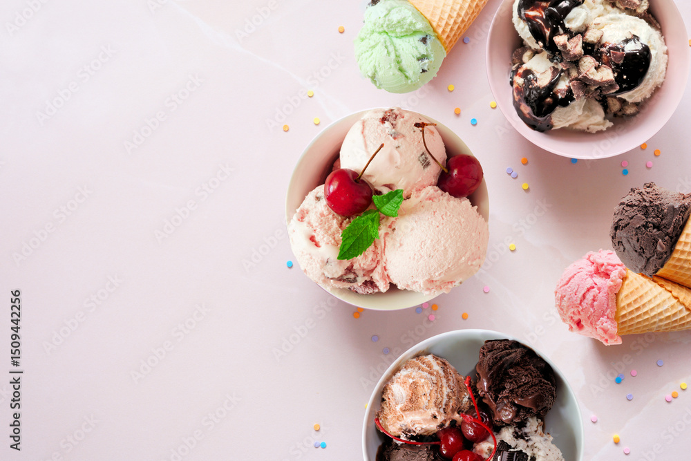 Poster summer ice cream side border. bowls and cones of colorful assorted flavors. top view on a soft pink 