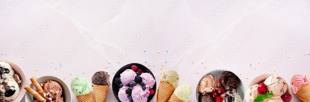 Poster summer ice cream bottom border. bowls and cones of colorful assorted flavors. top view on a soft pin