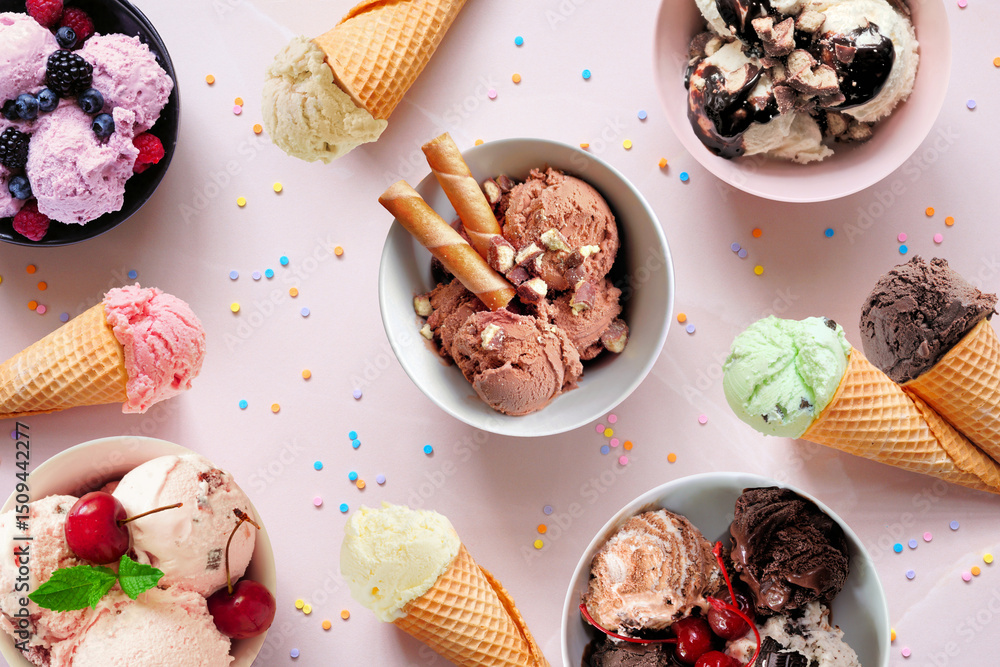 Poster summer ice cream table scene. bowls and cones of colorful assorted flavors. top view on a soft pink 