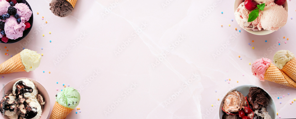 Poster summer ice cream double border. bowls and cones of colorful assorted flavors. top view on a soft pin