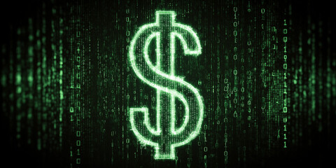 Glowing green dollar icon in digital binary code style on dark cyber background

