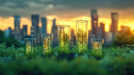 Glowing data in test tubes on grass, cityscape backdrop
