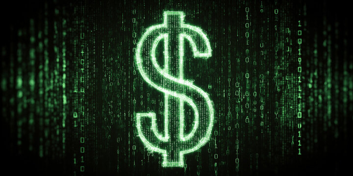 Glowing green dollar icon in digital binary code style on dark cyber background
