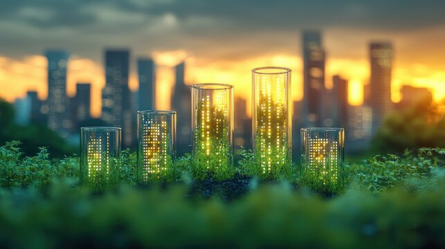 Glowing data in test tubes on grass, cityscape backdrop