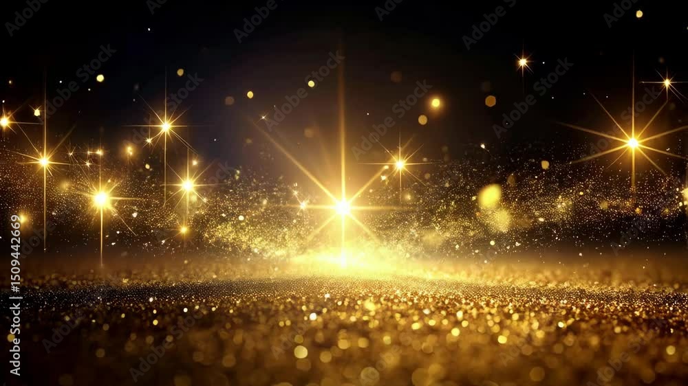 Poster sparkling golden dust floats in space, creating a dreamy festive backdrop with shimmering starlight 
