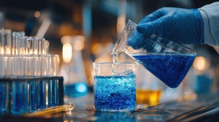A researcher in a lab pours a vibrant blue solution from a beaker into another container. Glassware is filled with various liquids, creating a colorful and dynamic research environment