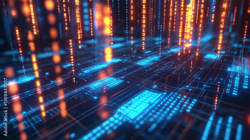Poster abstract digital technology background futuristic network data stream orange blue binary code innova
