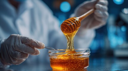 In a clean laboratory setting, a beekeeper in gloves pours thick, golden honey from a dipper into a small glass container. The bright light illuminates the honey's rich color