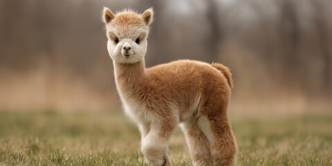 Adorable baby alpaca standing in dry spring field with soft fur and alert expression
