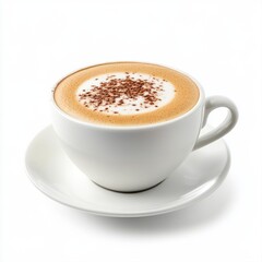 Obraz premium Creamy Coffee with Cocoa Sprinkles Served in Elegant White Cup on Saucer