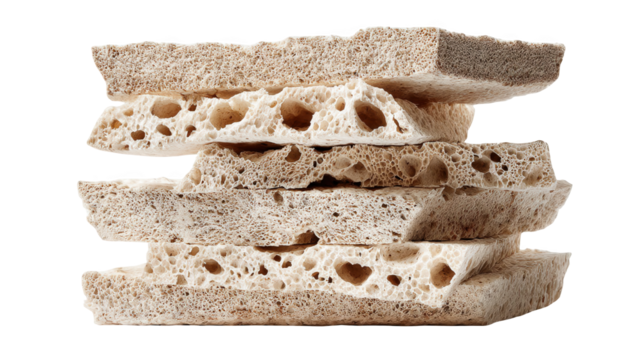 Irregular pieces of mycelium insulation create a textured stack, showcasing the porous nature of this sustainable building material against a transparent background