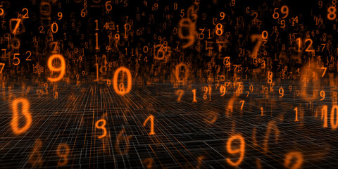 Floating glowing orange numbers over a digital grid representing data, technology, and coding