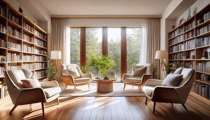 Fototapeta premium cozy reading room with bookshelves armchairs and natural light