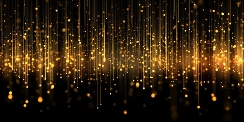 Vertical golden light beams and sparkling particles falling on black background in digital abstract scene
