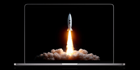 Rocket launching through transparent laptop screen with fire and smoke on black background
