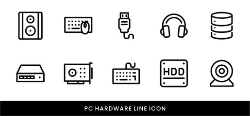 Computer Hardware Line Icon Set Device, Technology, PC Components, Server, and Electronics icon